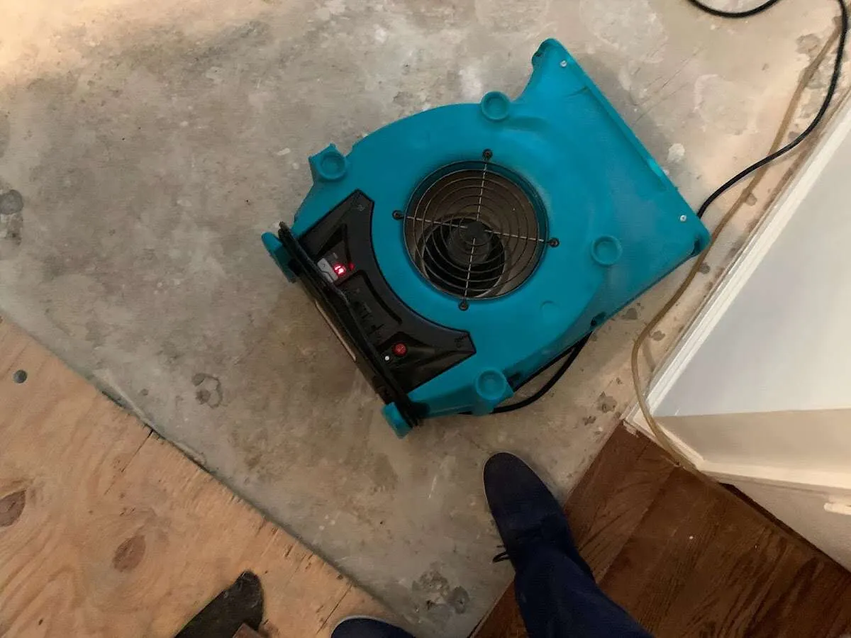 Air mover drying subfloor during Leak Detection & Repair in East Hampton