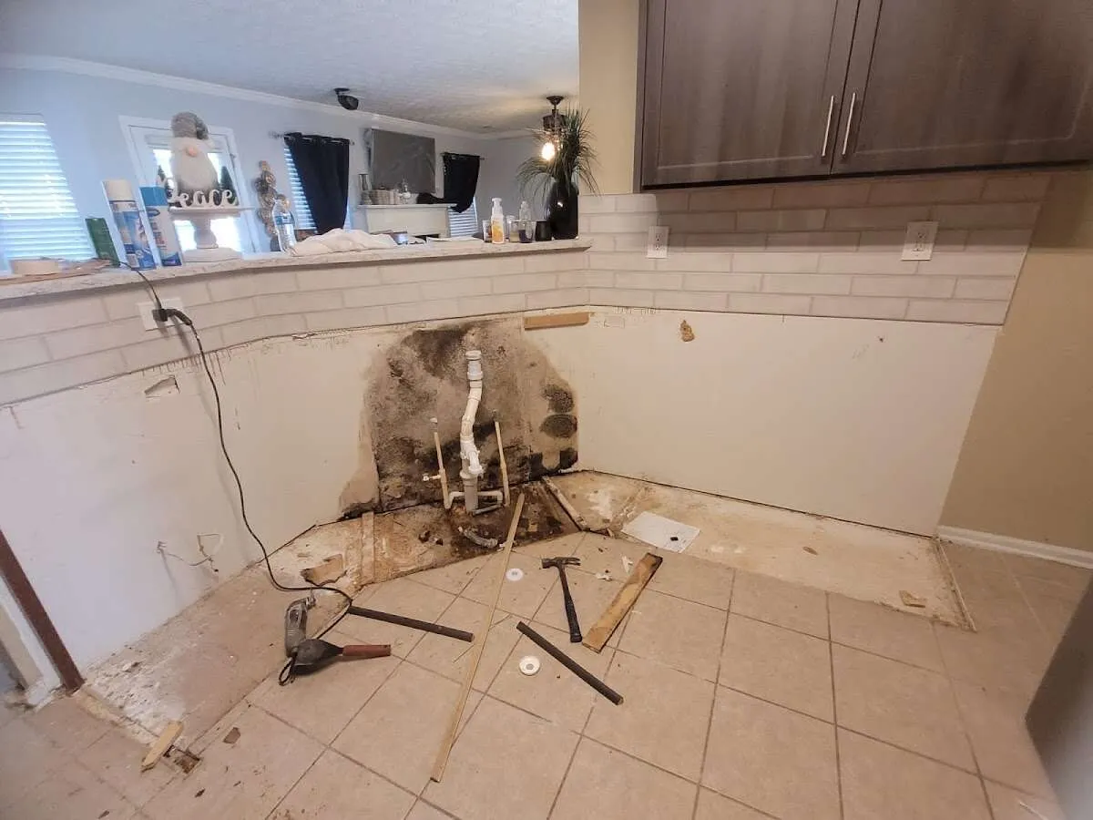 Mold behind wall with plumbing during Flood Damage Cleanup in East Hampton